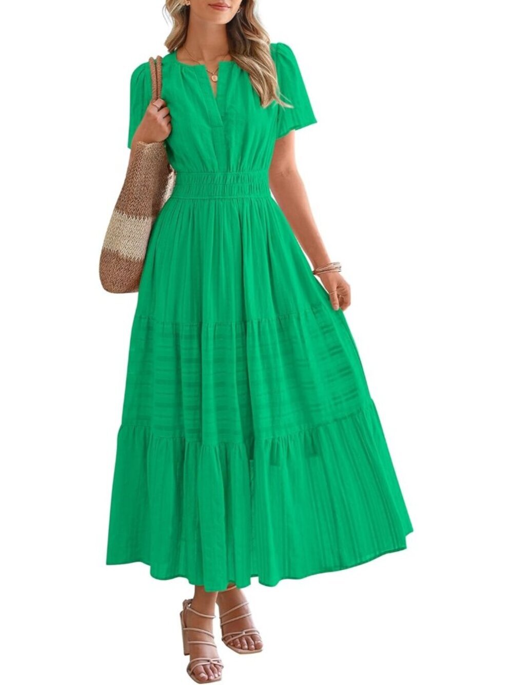 Women's Green Short Sleeve V Neck Elastic Waist Boho Beach Casual Midi DressesWo